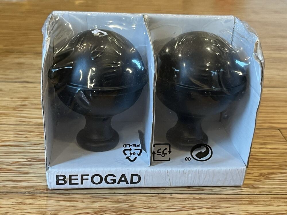 Ikea BEFOGAD 1 Pair Black Metal Spherical Finials for Curtain Rods 102.801.23